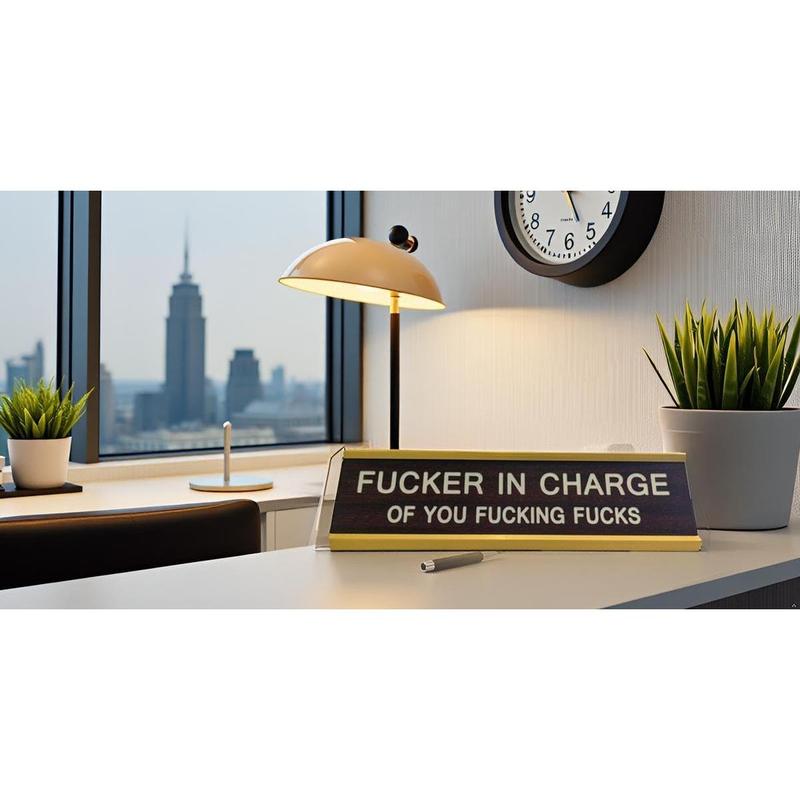 Fucker in Charge Office Desk Plate Sign - 8x2" Executive Desk Nameplate for Boss, Manager, and Coworker Gifts - (Brown)