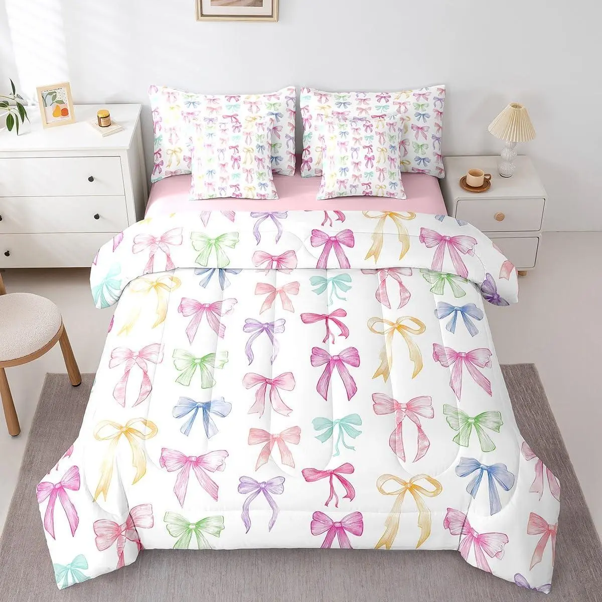Cute Bow Comforter Set with Sheets for Girls | Colorful Rainbow Bow Tie Bedding Set,7 Piece for Kids Teen Preteen,Kawaii Preppy Bows Bed in a Bag,Girly Princess Fitted Flat Sheet
