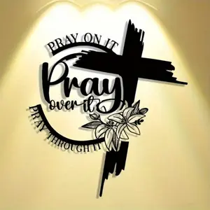 Pray on It Cross Metal Wall Art Modern Religious Home Decor for Bedroom Living Room Bathroom Waterproof Rustproof Durable Gift Idea Wall Sculpture Stylish Religious Decor