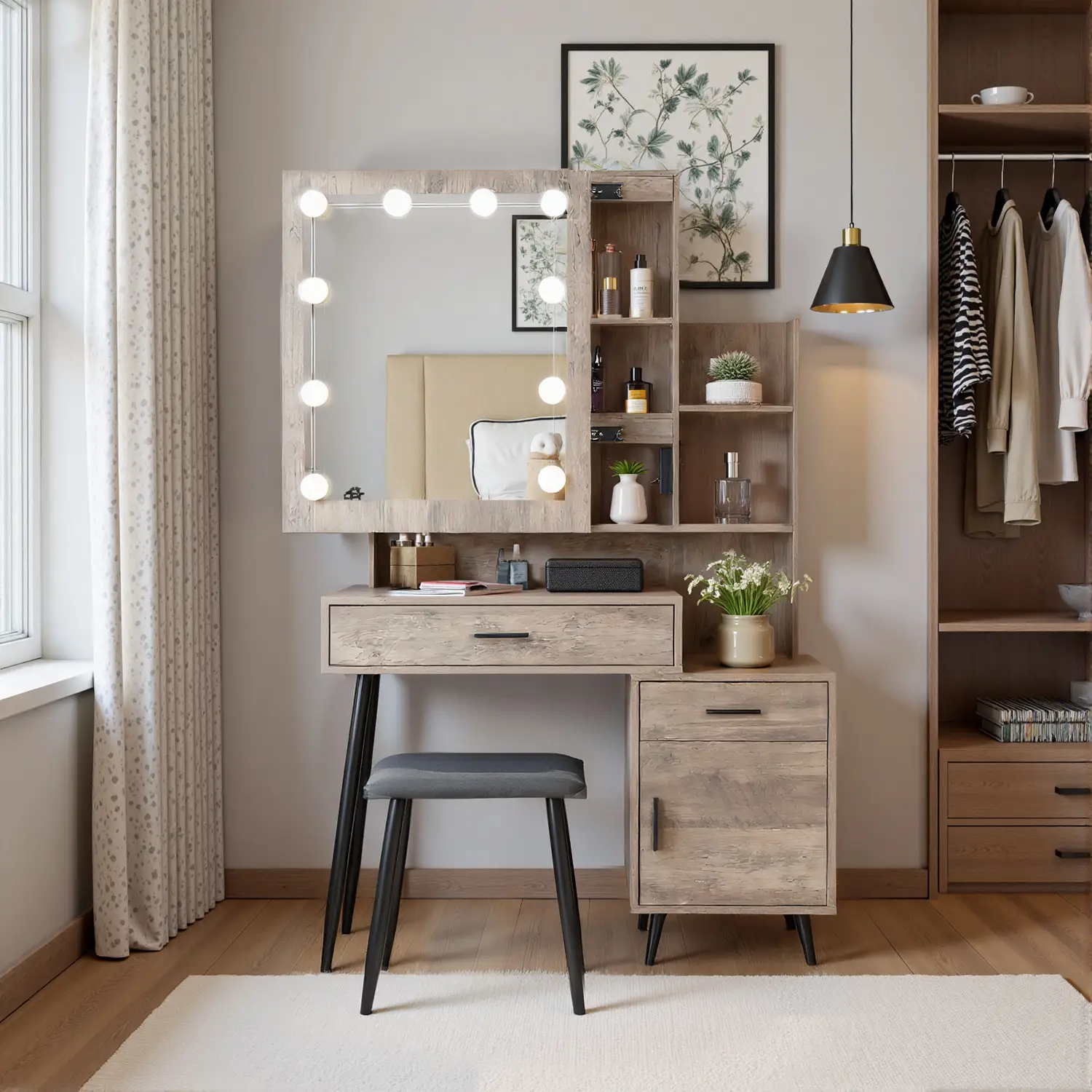 Vanity Set with Mirror and Lights, Makeup Vanity with Drawer & Storage Shelves, Cabinet, 3 Lighting Modes Adjustable Brightness, Bedroom Dressing Tabl