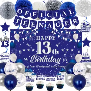 13th Birthday Decorations for Boys Girls, Blue Silver Official Teenager Party Decor with Banner, Balloons, Swirls