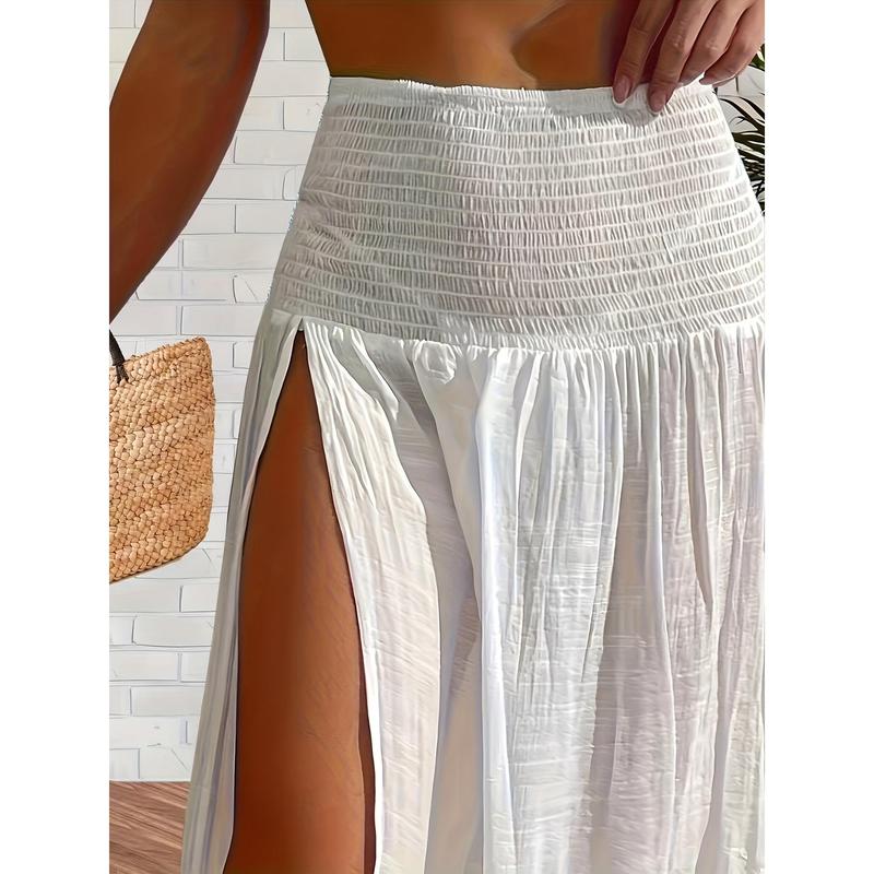 Vibrant Solid Color Shirred Waist Maxi Coverup Skirt - Flowy, Split Thigh,Summer Bottom Basic Chic Elegant   Womenswear Minimalist White