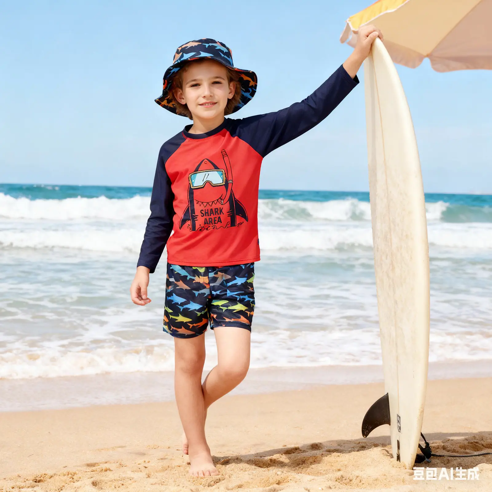 Boys' Long Sleeve Rash Guard 3-Pieces Swim Sets - 4-12 Yrs (7-8 Yrs Included), Soft Breathable Bright Colors, 85% Polyester 15% Spandex Quick Dry Beachwear for Beach, Lakes, 4-12 Years