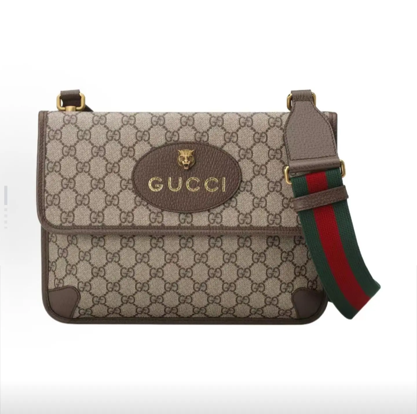 Pre-owned GUCCI GG Supreme Vintage Reversible Tiger Head Magnetic Buckle Crossbody Bag Large Size Canvas & Leather Trim Unisex Couple Bag Ebony Brown