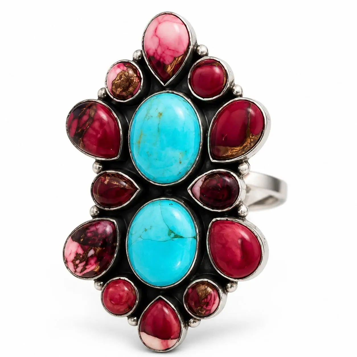 Red Rose Dahlia and Turquoise .925 Sterling Silver Adjustable Cluster Ring