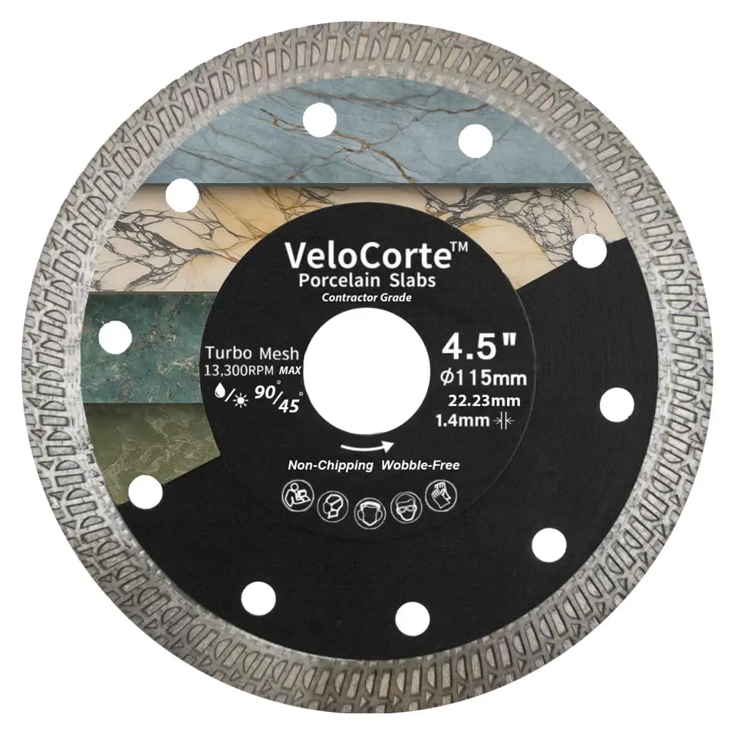 4.5" Turbo Mesh Ultra Precision Diamond Tile Saw Blade - Porcelain, Ceramic, Dekton - 7/8" Arbor w/ 5/8" Ring, Wet/Dry, 13,300 RPM, 1.4 mm Kerf (VCP1)