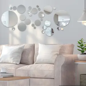 SICANDAENHK 32-Piece Small Round Acrylic Mirror Wall Stickers Removable Self-Adhesive Decals for Ceiling Bathroom Bedroom Living Room Decor DIY Creative Patterns Safe Waterproof