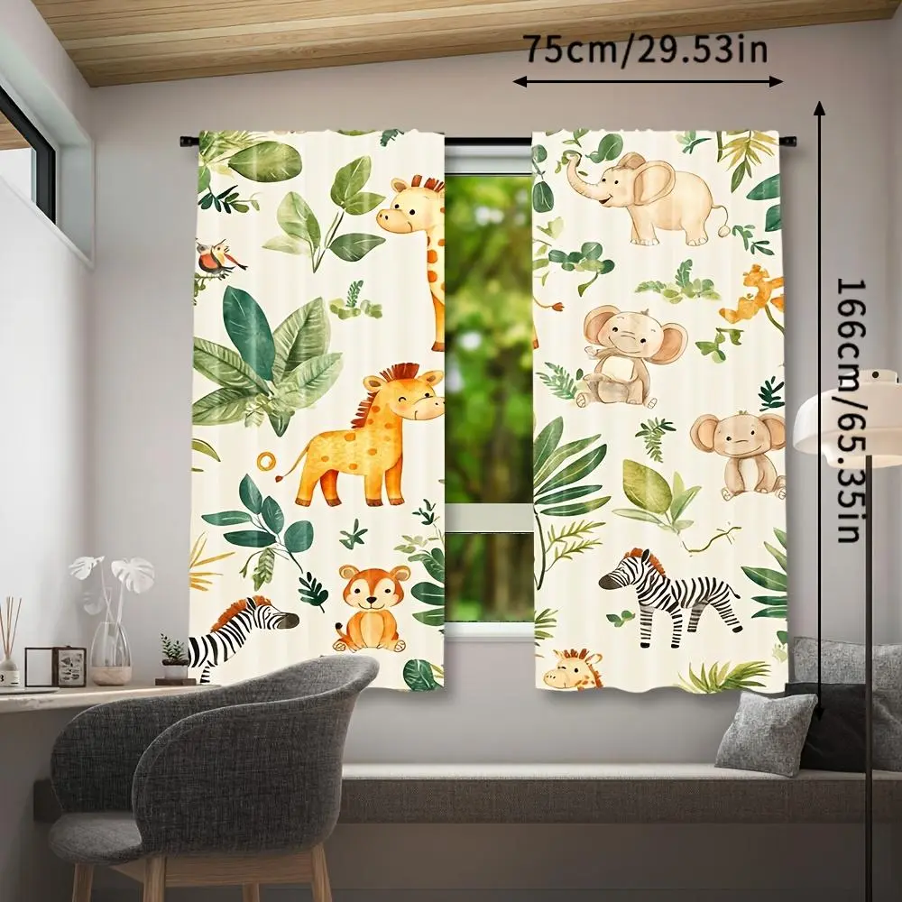 2pcs Jungle Safari Cartoon Curtains - Polyester, Digital Print with 'S Animal & Plant Illustrations, Light Filtering, Perfect for Living Room, Bedroom, or Decor, Decor Curtains | Playful Room Accent | Polyester Curtains 28*40IN/71*101CM