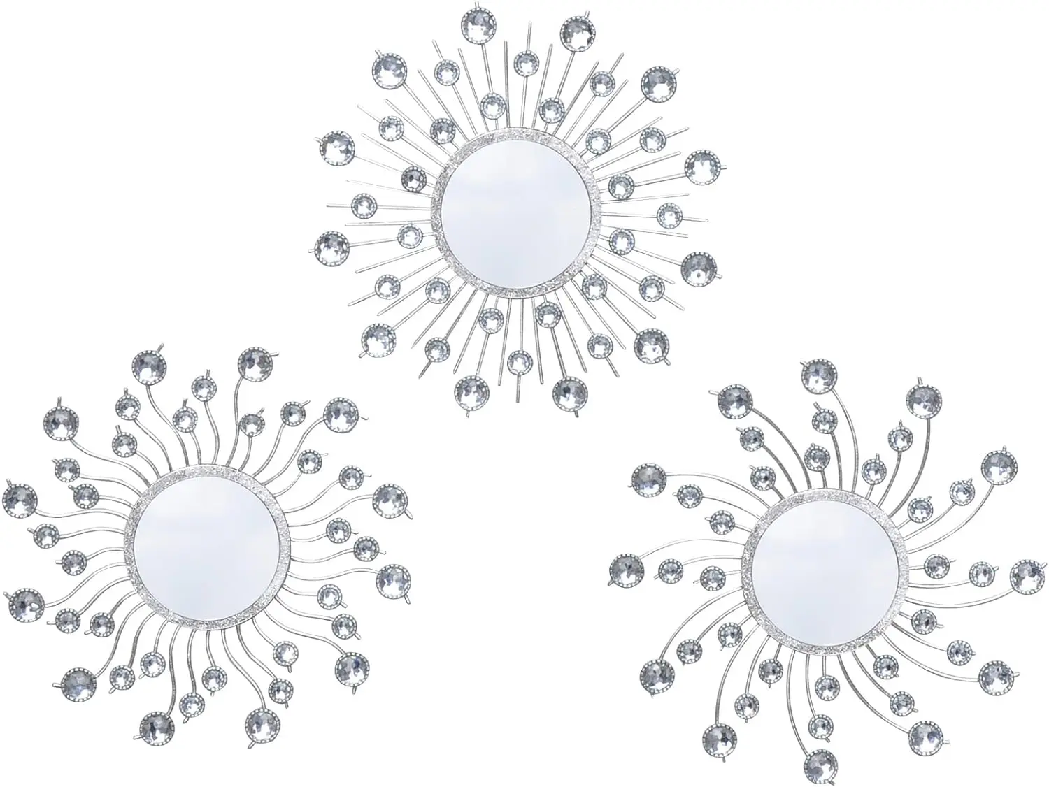 3 Pack Crystal Sunburst Wall Mirror Décor Rhinestone Mirrors Decorative Home Wall Art for Living Room Bedroom Entryway