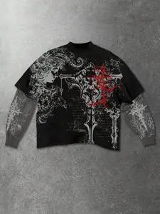 Unisex Gothic Style Long Sleeve Cotton T-Shirt, Graphic Print Design, Streetwear Fit, All-Season Wear, Ideal for Couples & Trendy