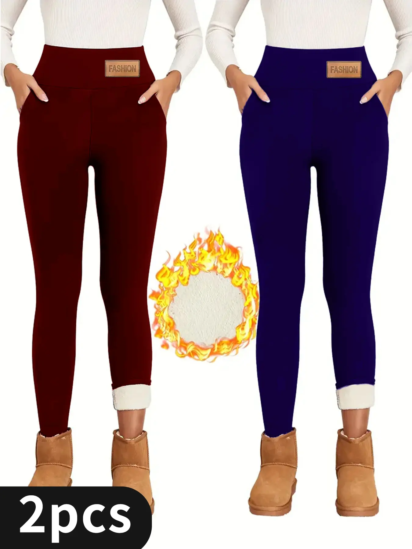 2 Pcs Solid Color Seamless Fleece Sports Leggings, High Stretch Yoga Warm Tight Pants With Pocket, Women's Activewear