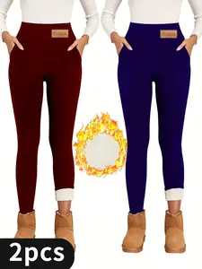 2 Pcs Solid Color Seamless Fleece Sports Leggings, High Stretch Yoga Warm Tight Pants With Pocket, Women's Activewear