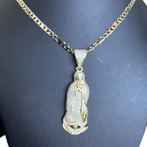 Cuban-Style 14K Gold Laminated Alloy Chain Necklace with Virgin of Guadalupe Pendant for Men - 24" Length & 6mm Width - Hypoallergenic & Long-Lasting Gift