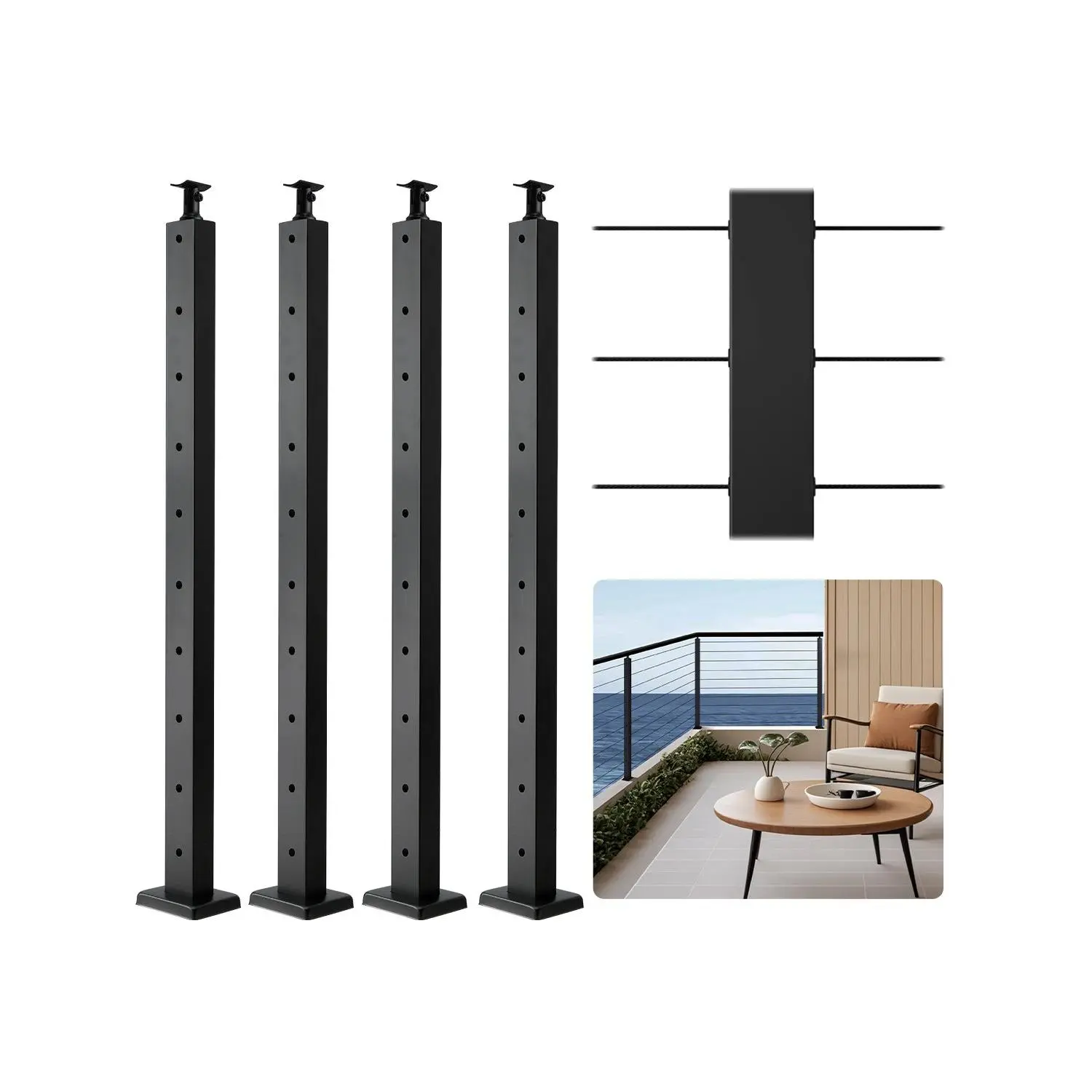 VEVOR 4-Pieces Stainless Steel Cable Railing Post, 36" Height 1x2in Horizontal-Hole Deck Railing Post with Pre-Drilled Building Code-Compliant Spacing, Horizontal & Curved Brackets, Black for Deck Safety, Balconies, 4JZLGZXHS914UUOI6001V0