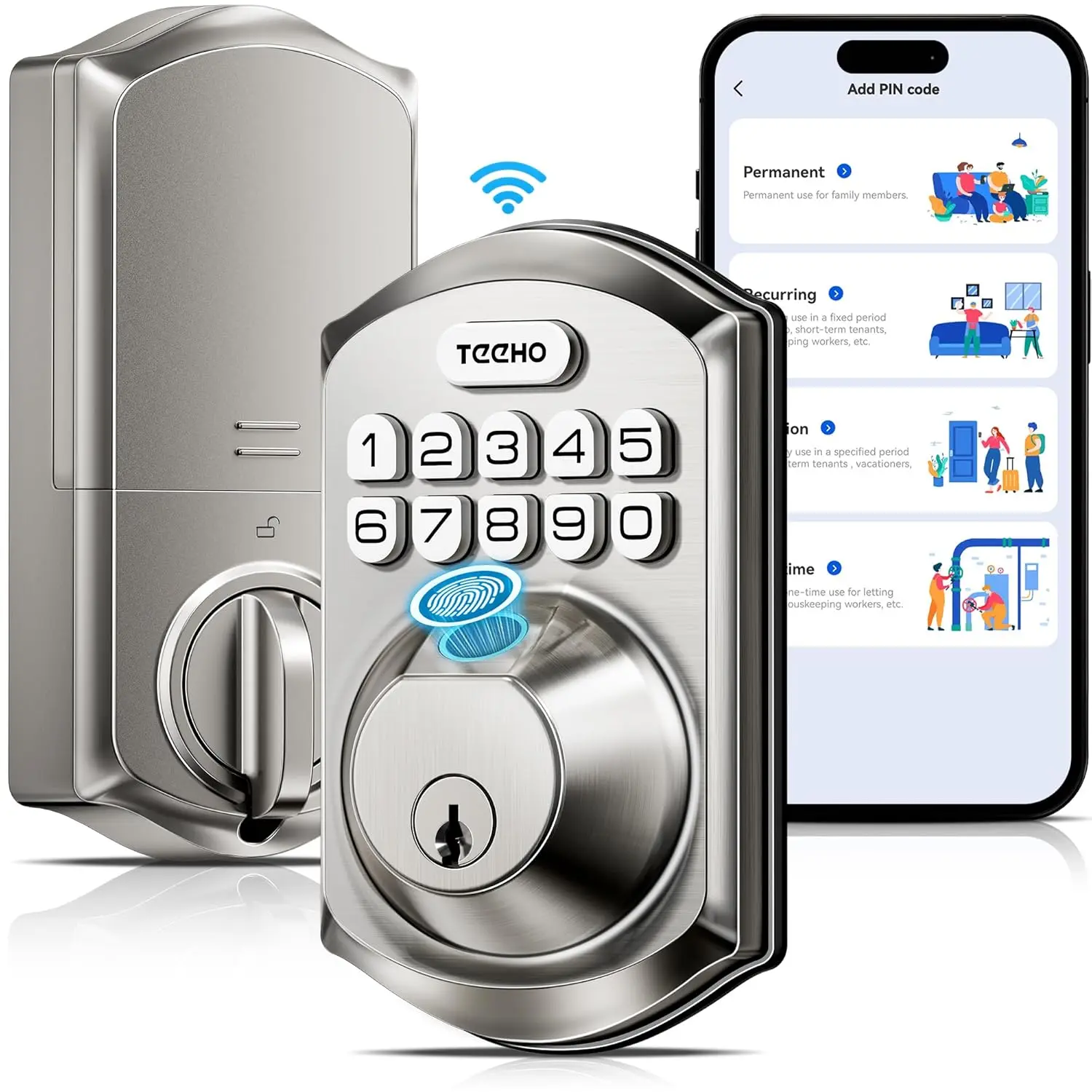 WiFi  Lock TE012W, Fingerprint Door Lock with Built-in , Keyless Entry Keypad  Deadbolt, App Remote Control, Alexa Compatible, IP55  for Front Door  Satin Nickel