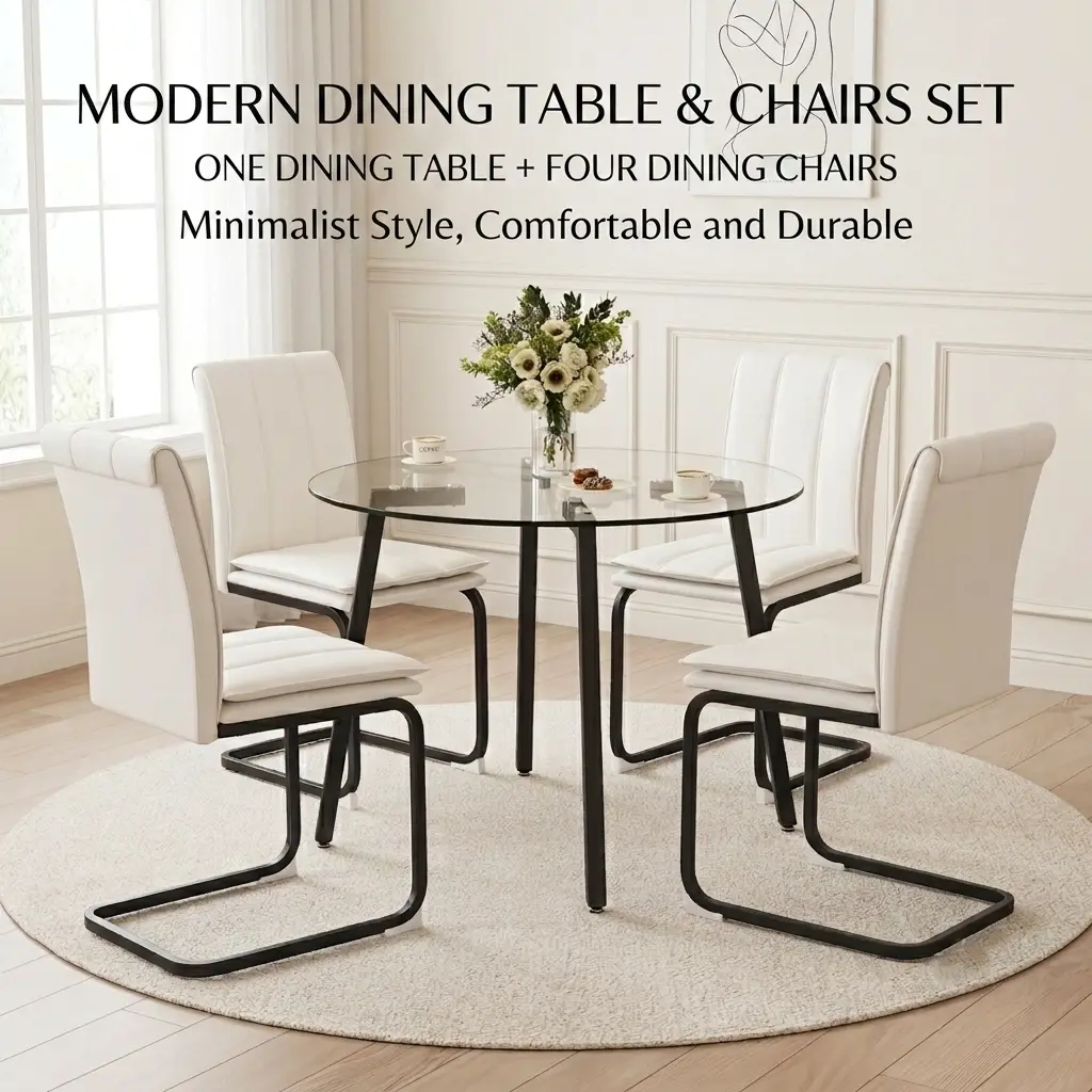 Modern 5-Piece Dining Table Set, 42-Inch Round Clear Glass Table with 4 White PU Chairs, Tempered Glass Top & Black Metal Legs, Space-Saving for Kitchen/Dining Room, Black/White