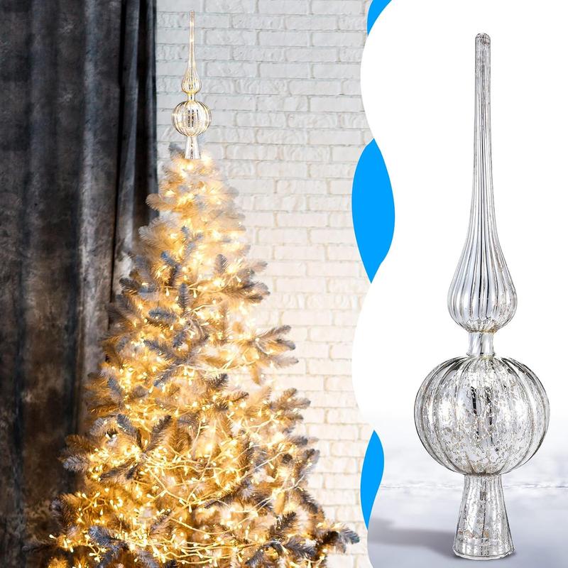 Mercury Glass Finial Christmas Tree Topper 12 Inches Vintage Spherical Xmas Tree Topper Mid Century Christmas Ornament for Home Xmas Holiday Decorations(Sliver)