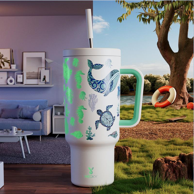 【Latest Style】 - Meoky 40oz Stay Hot Or Cold All DayStainless Steel Thermos Cup, Perfect For Car, Office & Travel, Large Capacity, Trendy Design, Valentine's Day gift Ready Glow-In-The-Dark White Marine Life, Insulated Mug Tumbler With Handle