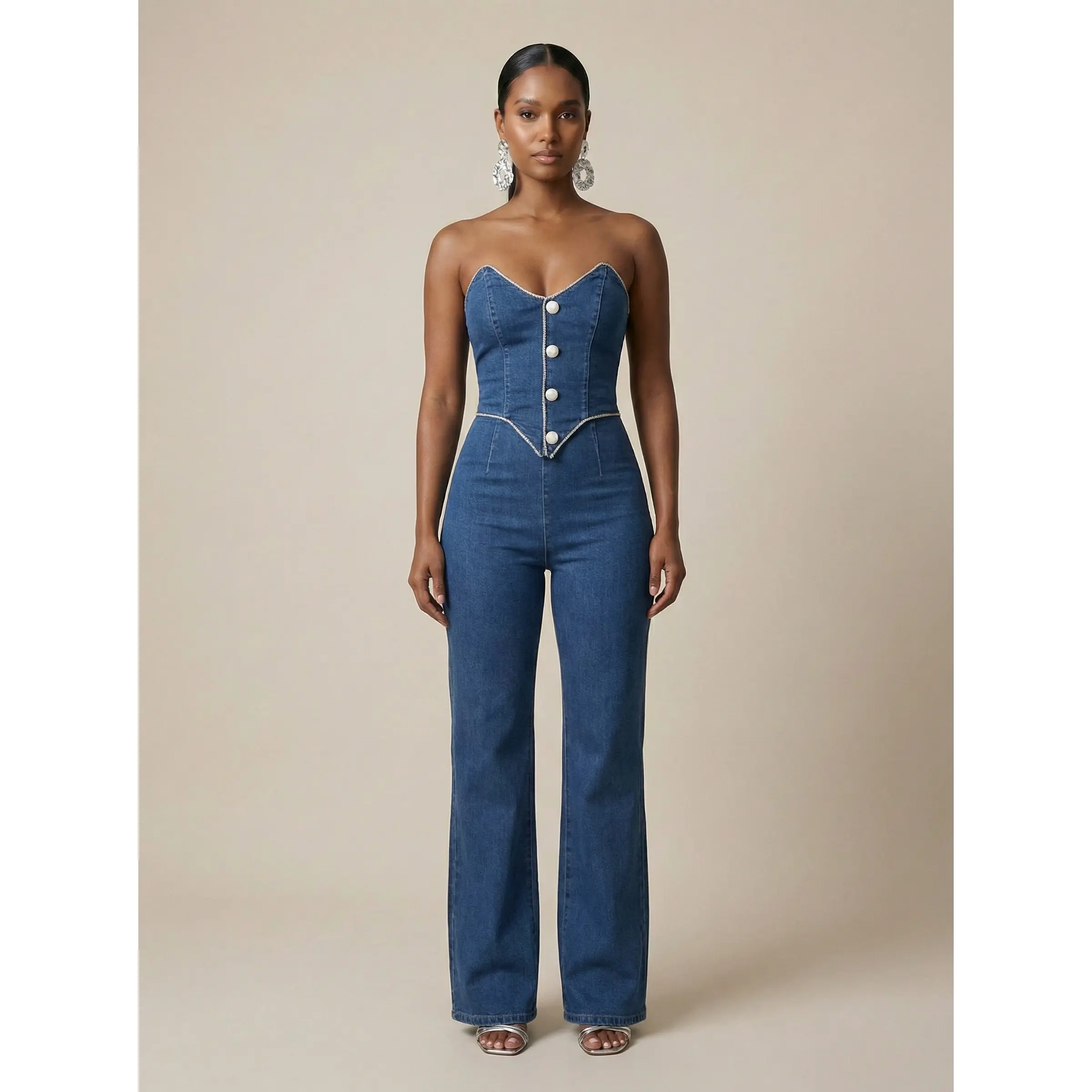 Diamond Trim Denim Jumpsuit
