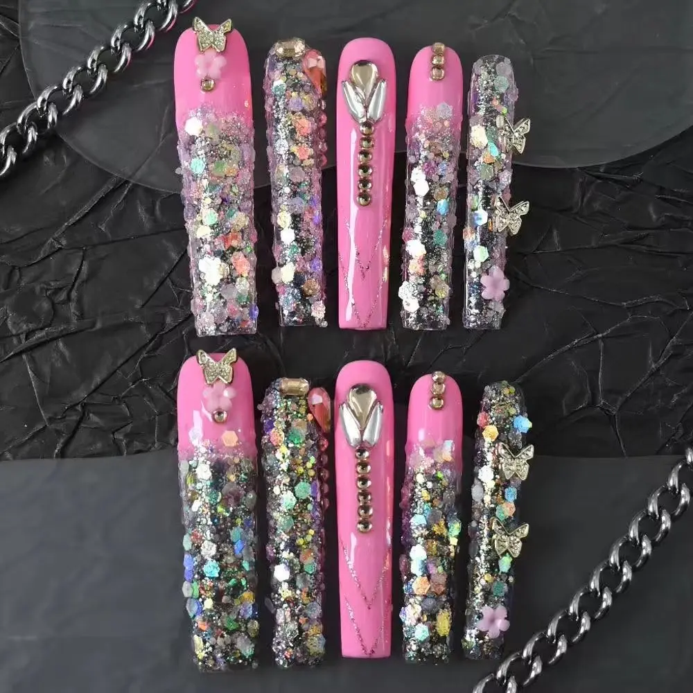 10pcs high-end Cute, sweet and cool style, with a dazzling three-dimensional diamond design handmade fake nails Stiletto Nails Rhinestone Nail Charms Glittering Fake Nails, Decorative Nails, Fashionable Rhinestone Decorated