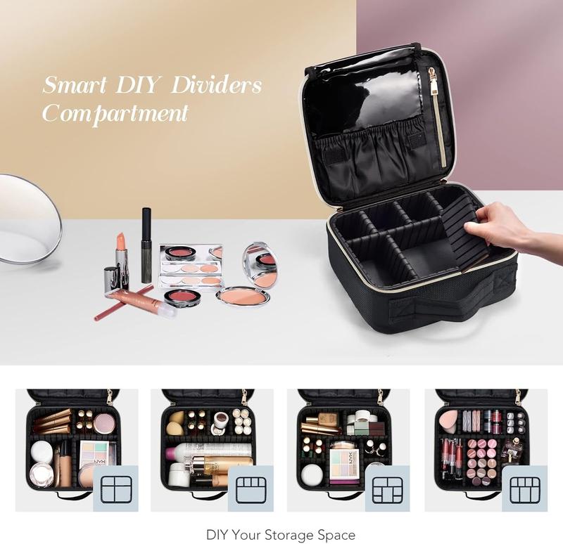 DameDiva Travel Makeup Bag - Premium Oxford Fabric Cosmetic Organizer with Dual Gold Zippers, Adjustable EVA Dividers, Black & Pink, Waterproof & Lightweight