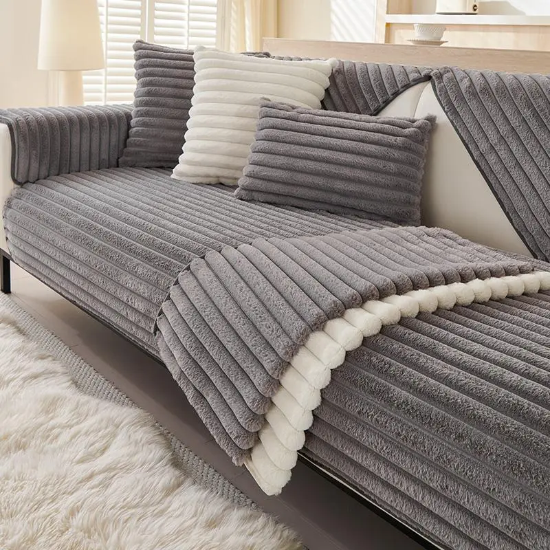 Solid Color Thickened Warm Fleece Dustproof Sofa Cover, 1 Count Non-slip Sofa Slipcover, Elastic Sofa Slipcover, Dustproof Couch Protector, Sofa Protector for Home Living Room Bedroom Office Decoration, Elastic Furniture Protector