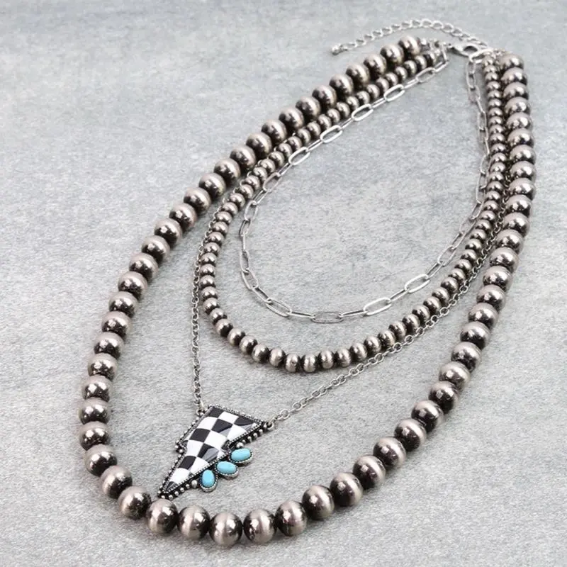 Four Layer Western Necklace with Checker Thunder Pendant Beaded Design for Women Exquisite Chain Jewelry