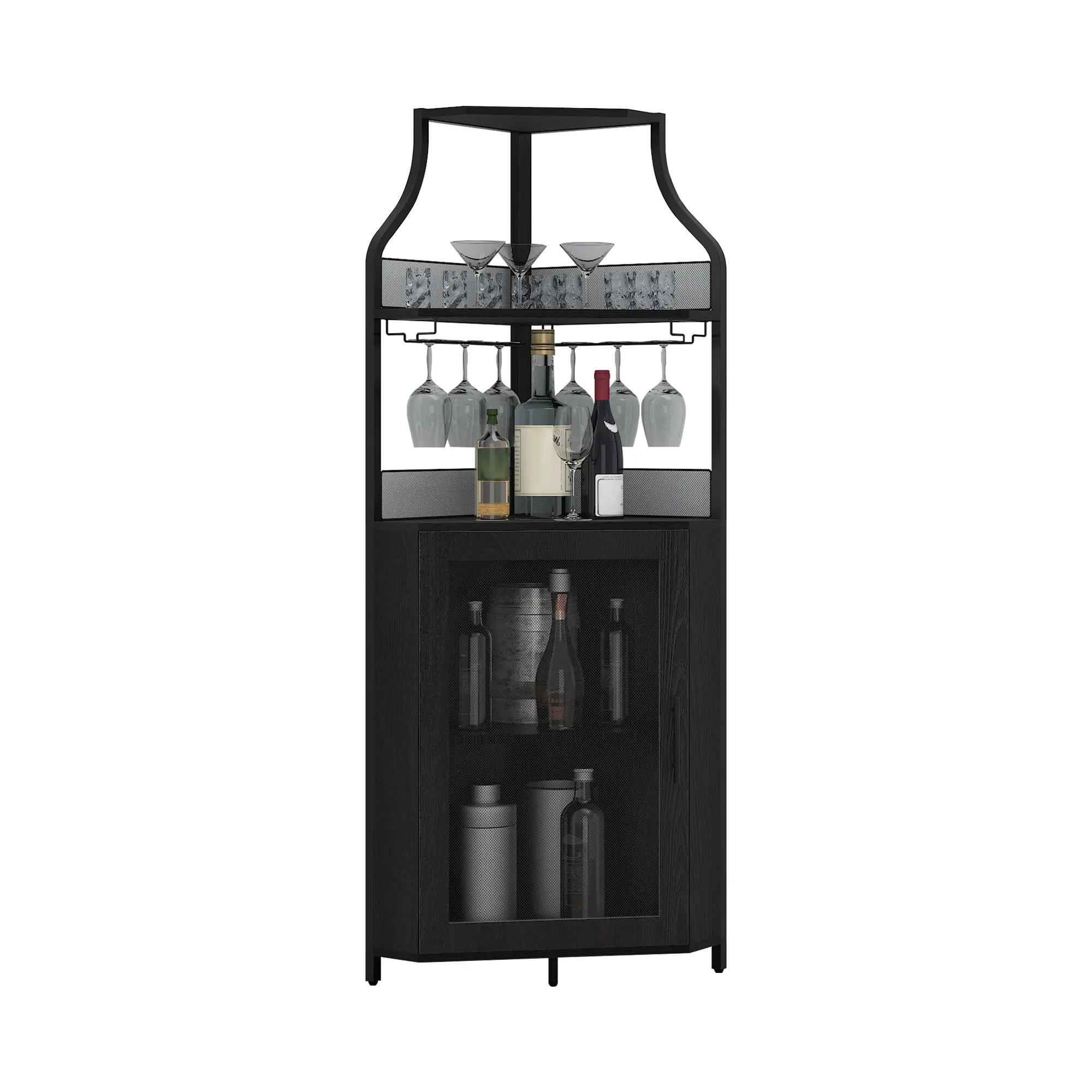 Corner Bar Cabinet, Modern Wine Cabinet with Storage Shelves & Mesh Door, Home Bar Liquor Storage Cabinet with Glass Rack for Living Room, Dining Room
