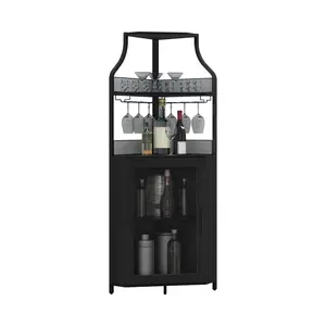 Corner Bar Cabinet, Modern Wine Cabinet with Storage Shelves & Mesh Door, Home Bar Liquor Storage Cabinet with Glass Rack for Living Room, Dining Room