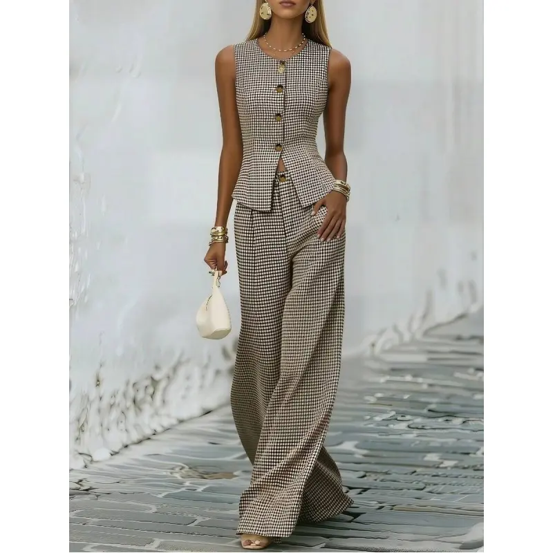 2026 popular retro plaid sleeveless blazer and pants set - high-waisted button design, stylish and versatile two-piece set, suitable for casual office and vacation