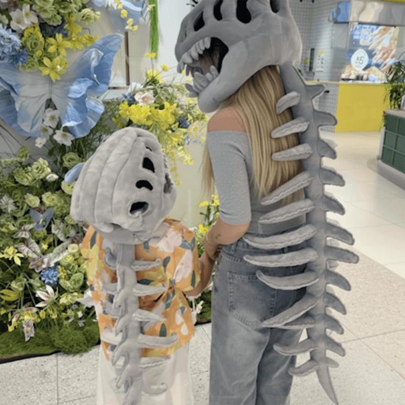 Adults & Kids Halloween Cosplay Dinosaur Costume Set – Realistic Plush Skeleton Outfit with Skull Headpiece & Spine