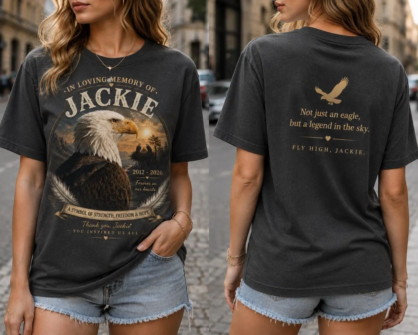 Jackie Eagle Tribute Memorial Comfort Colors Shirt, In Loving Memory Eagle Memorial T-Shirt, Sympathy Gift, Remembrance Forever In Our Hearts Tee