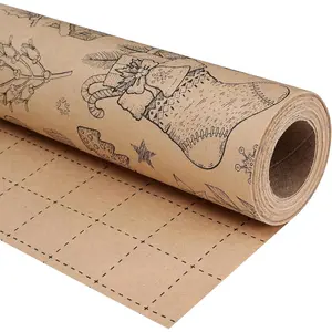 Christmas Wrapping Paper Roll - Brown  Paper 17" x33ft - with  Line, Hand-Drawn Holiday , Xmas  Wrap for Presents, Table Decor & Crafting