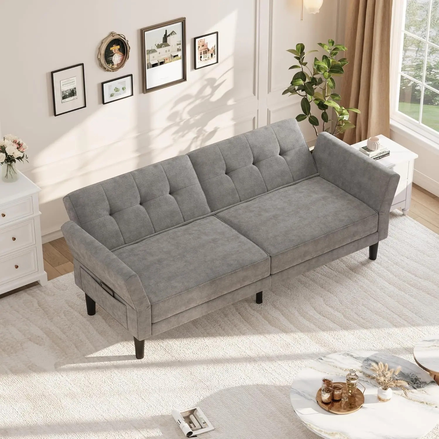 Garvee Convertible Couch Bed with Deep Seat, 89 in Futon Sofa Bed, Convertible Sleeper Sofa with Adjustable Backrest & Armrest, for Living Room Bedroom, Apartments (Gray)