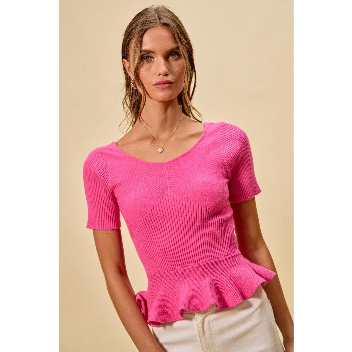 SO ME Ribbed Knit Short Sleeves Peplum Sweater Top