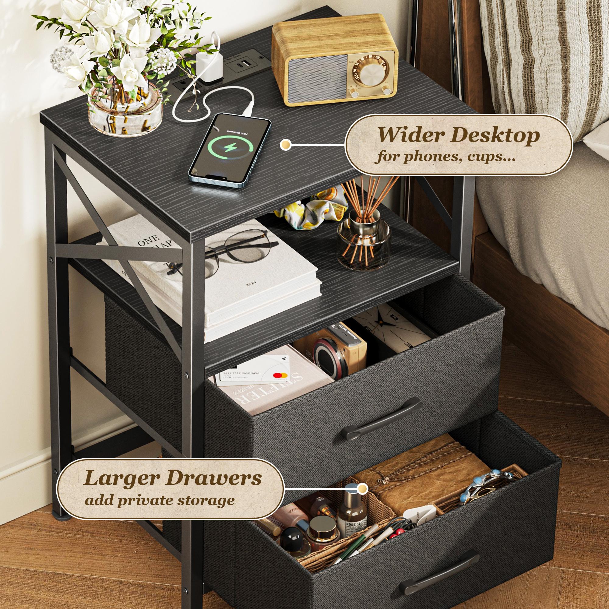 Huuger Night Stand with Charger Station, 2 Drawer Nightstand with Open Shelf, Bed Side Table with USB-C Port, End Table, Compact Size for Small Spaces, X Shaped Side Rail Huuger Night Stand with Charger Station, 2 Drawer Nightstand with Open Shelf, Bed Side Table with USB-C Port, End Table, Compact Size for Small Spaces, X Shaped Side Rail