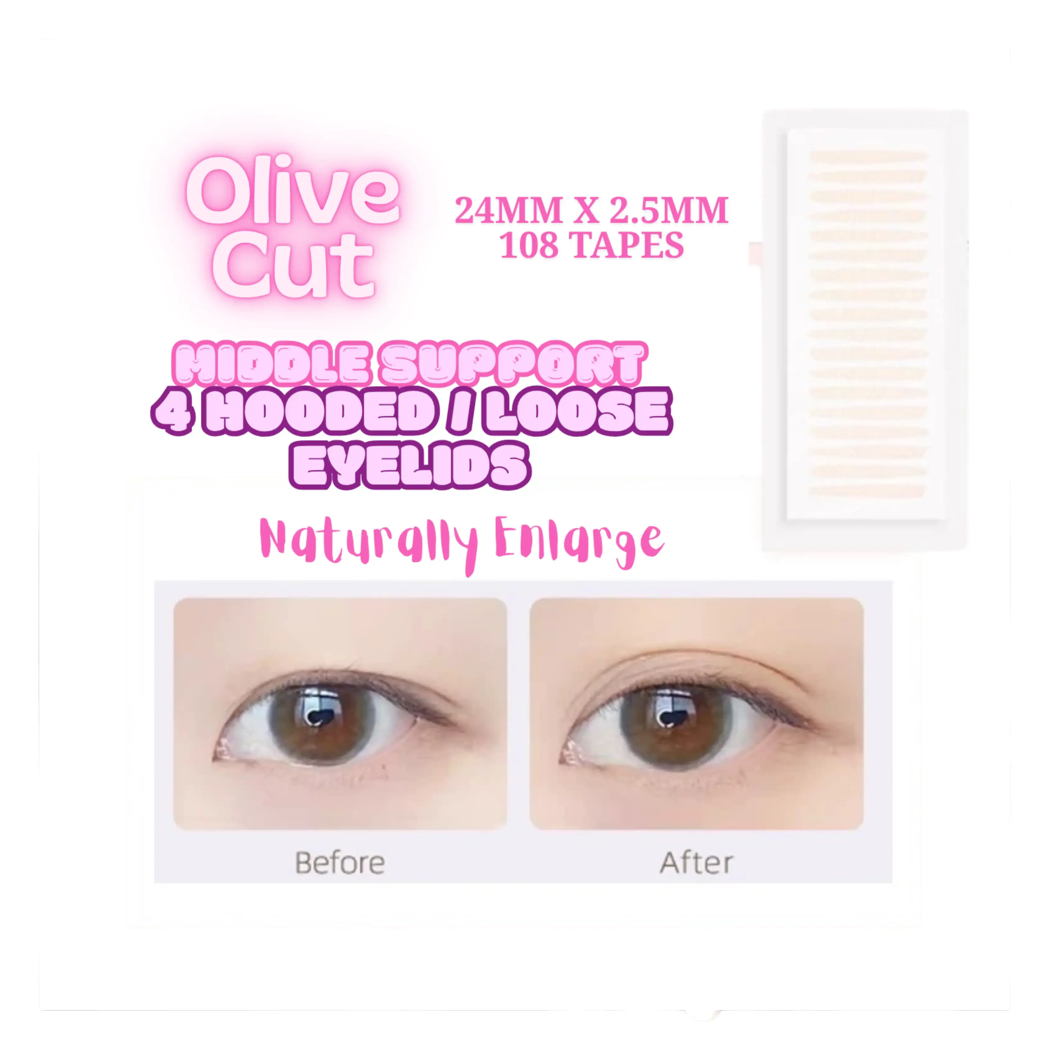 The Natural Crease PRO+ Olive Cut - Truly Invisible Matte Eyelid Adjustment Tapes - 8 Shapes for Monolids & Hooded Eyes - Makeup Friendly Waterproof Adhesive Kit - Hooded Eye Tape, Invisible Eye Lift, Double Eyelid Tape - Eyeshadow