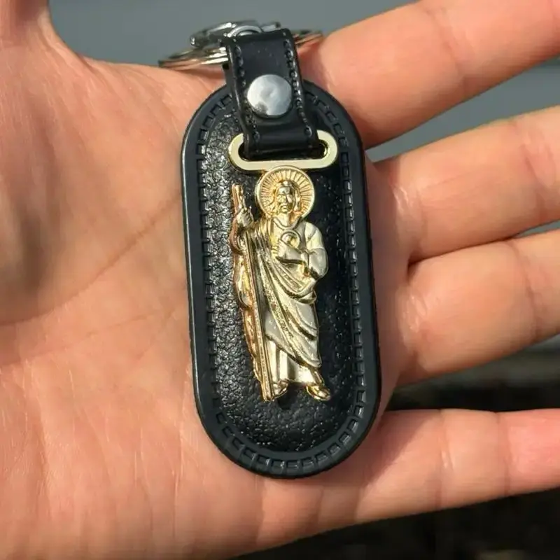 San Judas Tadeo & Virgencita Keychain, Religious Stainless Steel and Leather Key Ring, Durable Lightweight Collectible Ornament for Daily Carry & Gifting, Keychains, Keychain Accessory, Everyday