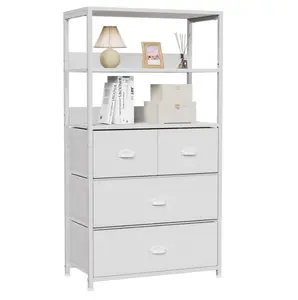 Furnulem White Dresser with 4 Fabric Bins, Tall Storage Tower with 3-Tier Shelf Vertical Standing Chest Organizer for Closet,Laundry,Bedroom,Living Room,Entryway (White)