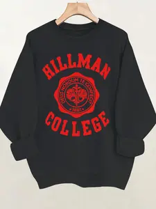 Women's Hillman College Badge Round Neck Sweatshirt, Fitted Casual Pullover, Medium Stretch, All-Season Comfort