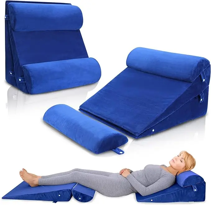 Bed Wedge Pillow Set 4Pcs for Sleeping,Elevation,Assist in Post Suregery Recovery,Acid Reflux,GERD,Snoring,Washable Velvet Cover Roya Blue