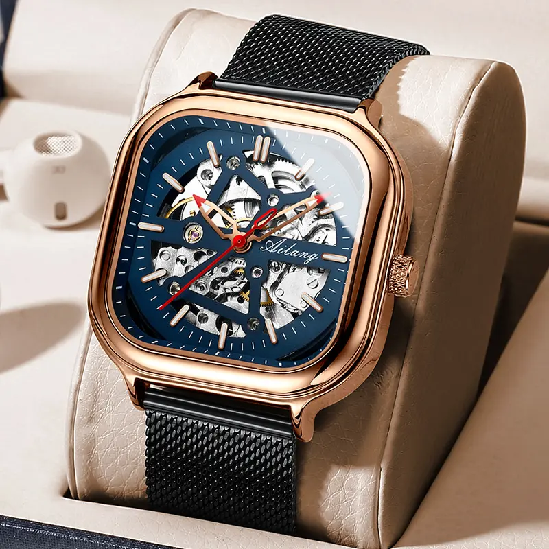 Ailang Men's 42m Waterproof Square Dial Skeleton Luminous Automatic Sports Mechanical Wristwatch