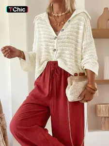 Women's Polo Neck Cut Out Button Front Loose Fit Sweater Cardigan, Basic Casual Plain Design Half Sleeve Knitwear for Vacation, Womenswear