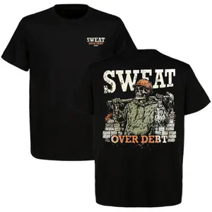 WORKMAN Sweat Over Debt Skeleton Construction Worker Hard Hat T-Shirt Funny Blue Collar Laborer Builder Tradesman Graphic Tee Gift Black