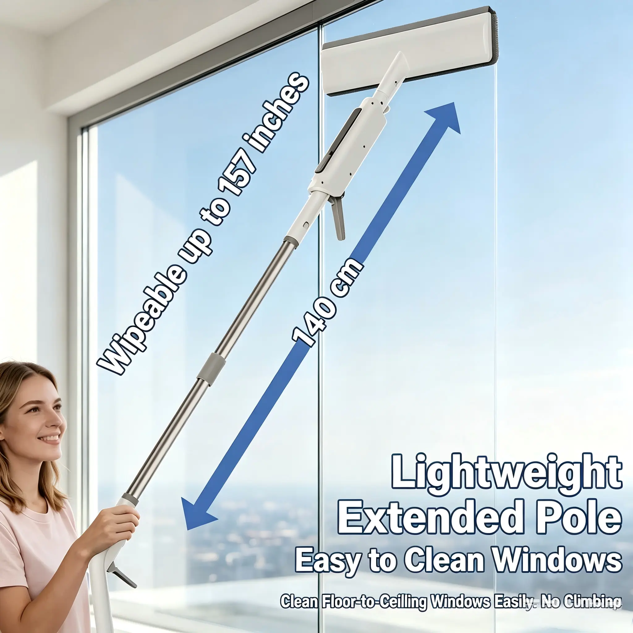 3-in-1 Manual Window Cleaner with Silicone Squeegee, Scrub Pad, 140cm Extendable Telescopic Pole - Non-Electric Glass Cleaning Tool for Home, Car