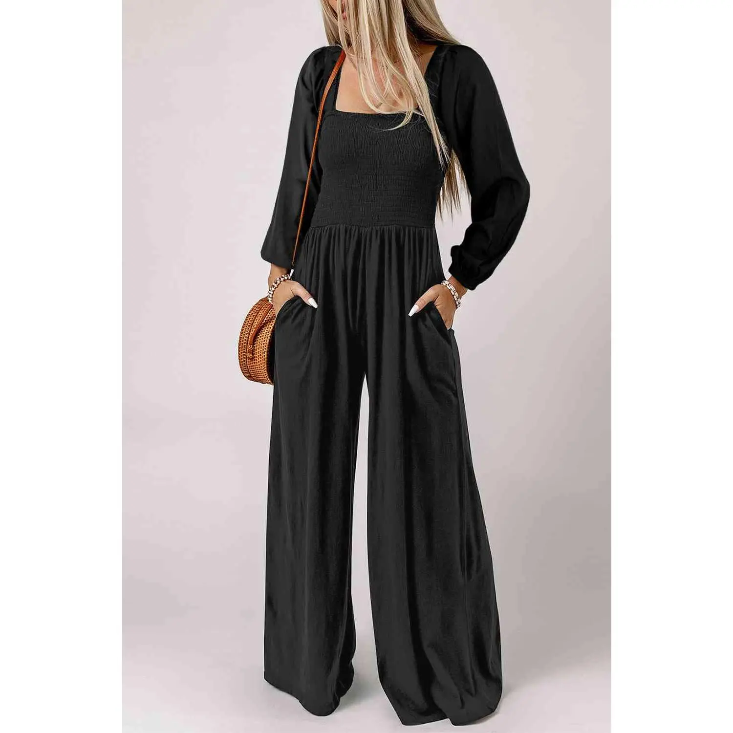 Square Neck Raglan Sleeve Jumpsuit with Pocket