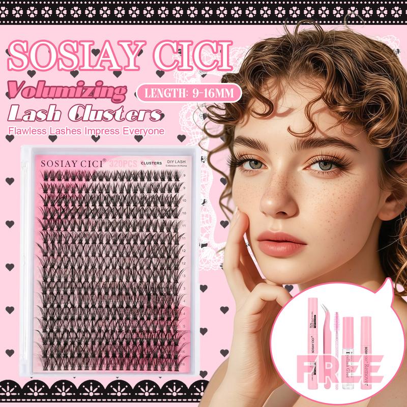 SOSIAY CICI DIY Lash Extensions Kit 320pcs 40D Individual Lashes Clusters 9-16mm with Applicator Lash Bond Seal & Remover Glue Mix for Flawless At Home Application