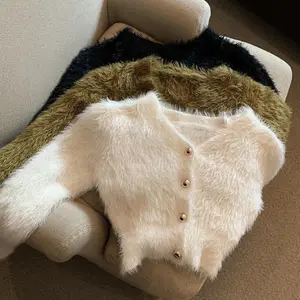 Vintage Cropped Mohair Knitted Cardigan for Women, V-Neck Sweater Coat, Streetwear Korean Style, Black/White Knitwear, Solid Color, Slim Fit, New Arrival