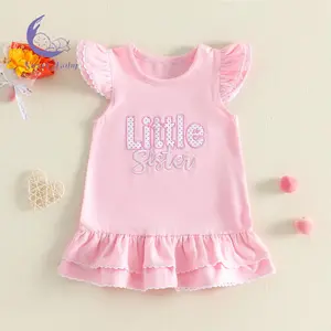 Girls Summer Dress Flutter Sleeve Crew Neck Dot Letter Embroidery Layered Hem A Line Dress