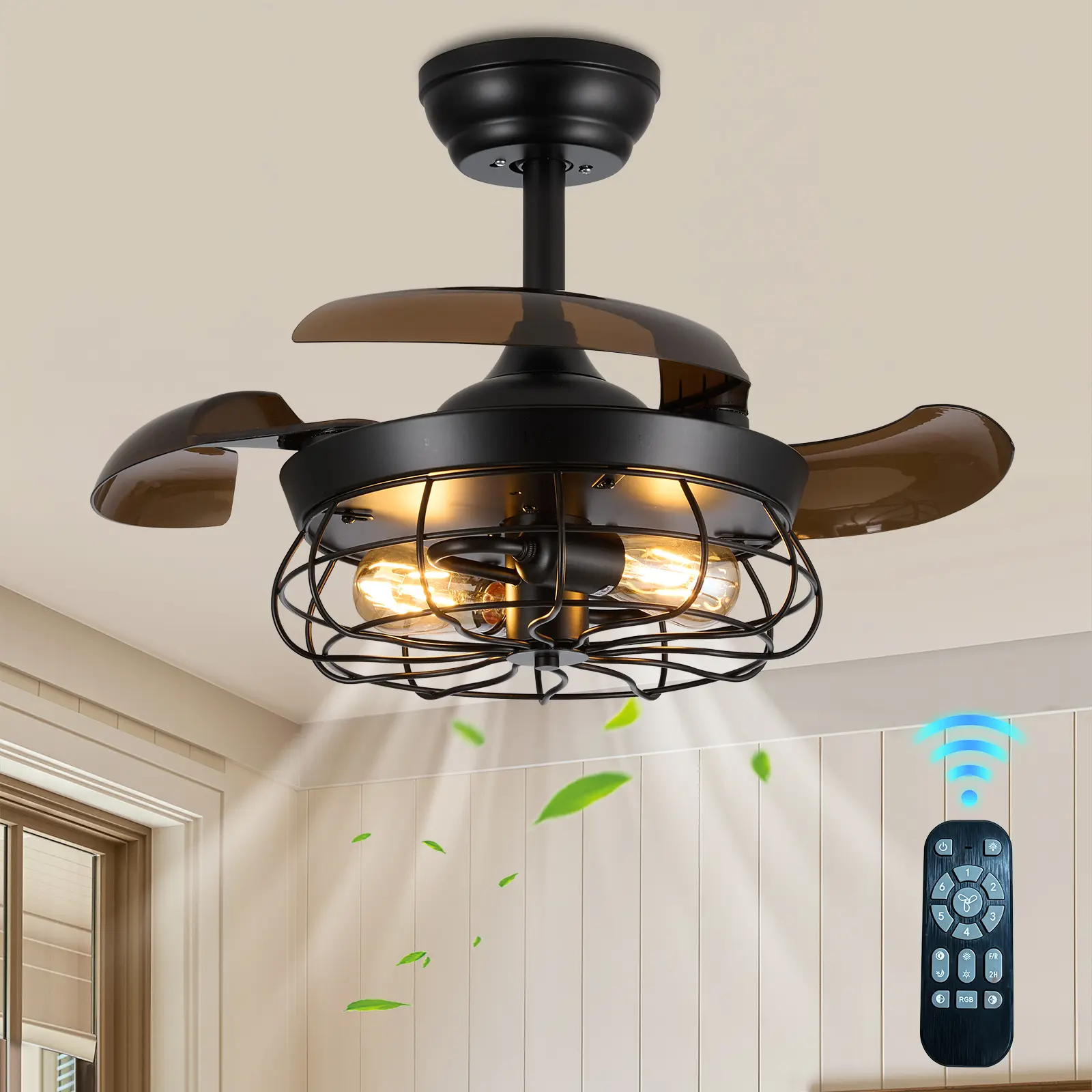 Zynfandor  30" Caged Ceiling Fan, Industrial Retro Ceiling Fans with Remote Controller Vintage Style for Farmhouse/Bedroom/Restaurant 2 Lights 3  Blades Black
